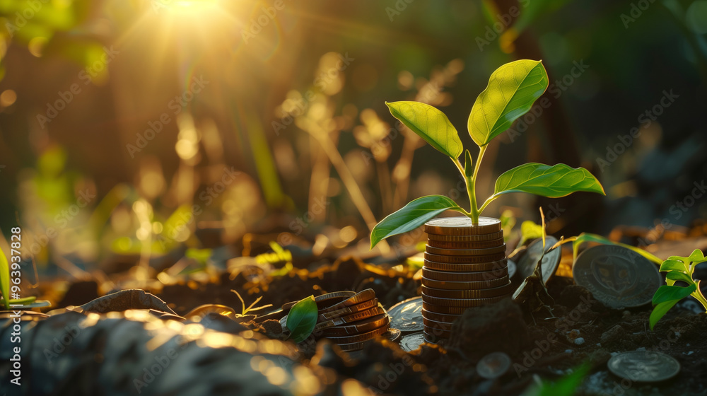 Stacks of gold coins with growing plants symbolizing financial growth and sustainability. Stacks of gold coins with growing plants symbolizing financial growth and sustainability.