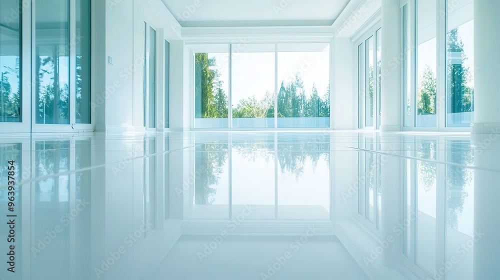 Fototapeta premium Modern Interior Design with Large Windows and Glossy Floor