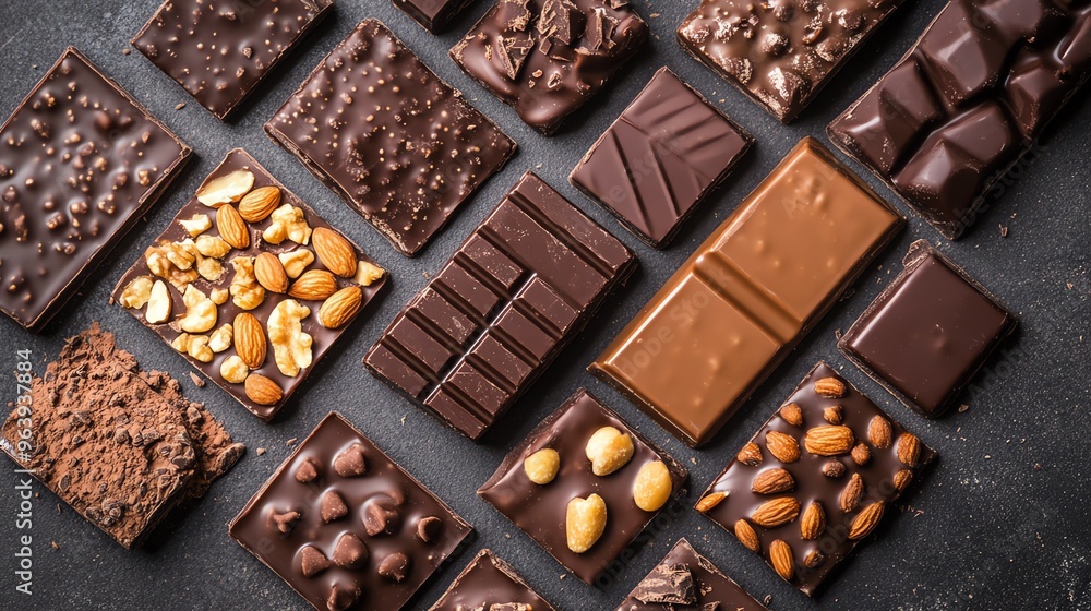 Fototapeta premium A delicious assortment of chocolate bars with various toppings, including nuts and almonds, arranged on a dark background.