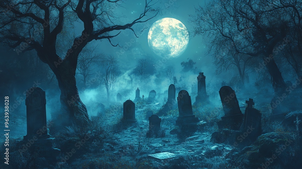 A spooky graveyard under a full moon, with tall, shadowy trees and misty air. The tombstones stand silent and still, creating an eerie atmosphere. A spooky graveyard under a full moon, with tall, shadowy trees and misty air. The tombstones stand silent and still, creating an eerie atmosphere.