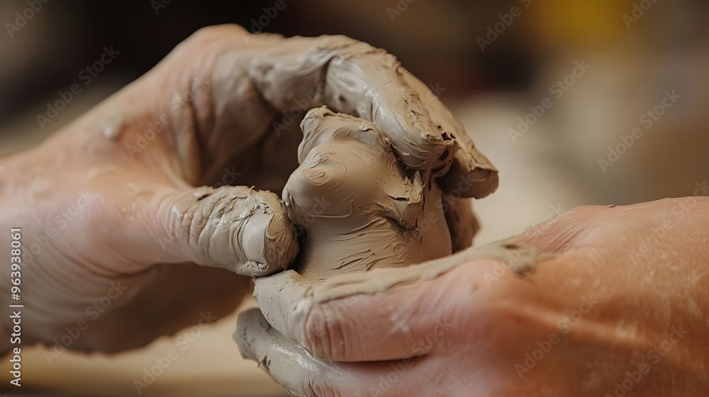 Fototapeta premium Molding a Clay Figurine: Close-up of hands carefully molding a small clay figurine, capturing the fine details of the fingers and the pliable material. 
