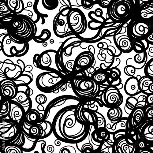 A seamless pattern of hand-drawn squiggles and doodles in black ink.