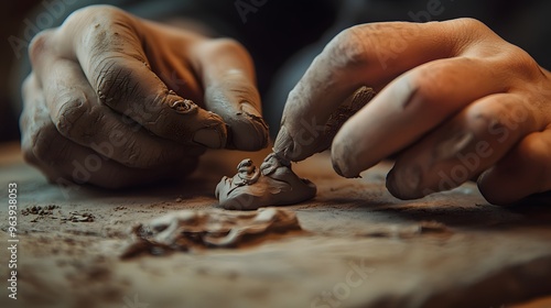 Molding a Clay Figurine: Close-up of hands carefully molding a small clay figurine, capturing the fine details of the fingers and the pliable material. 