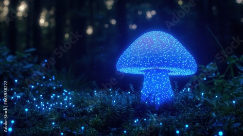Glowing Blue Mushroom in Dark Forest with Bioluminescent Moss