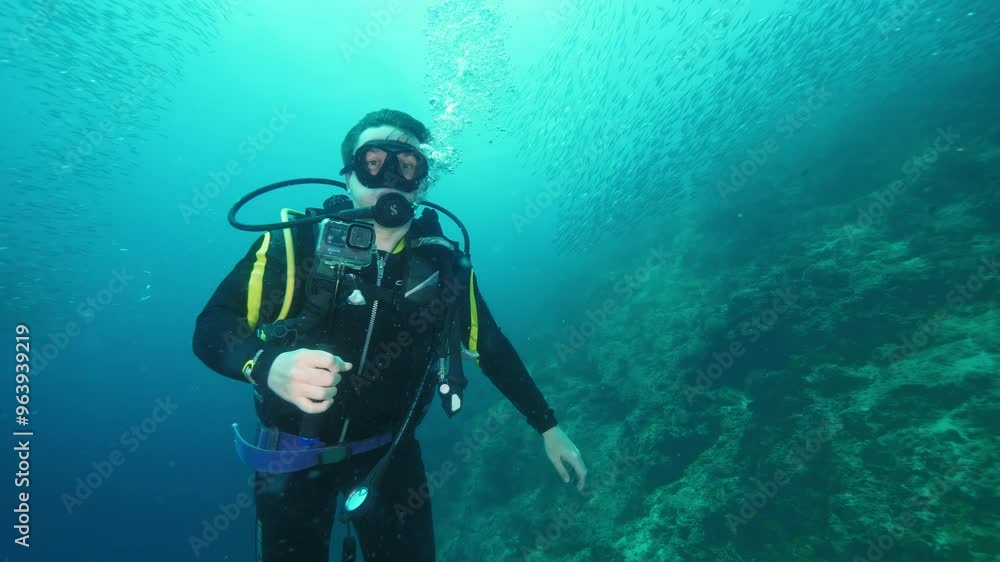 Male diver records video with camera against sardines Male diver records video with camera against sardines