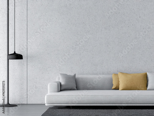 Minimalist living room composition with a sofa, a lamp and a table against a large concrete grey wall. Brutalist interior design composition with copyspace
