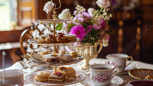 Elegant table setting for tea party with cakes and cupcakes in English manor. Vintage style.