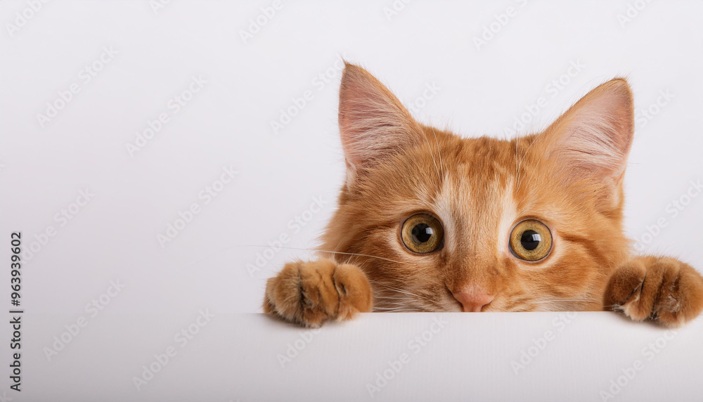 Orange tabby cat curiously peeking out from behind the white background, Free space for text. concept of curiosity and innocence. Orange tabby cat curiously peeking out from behind the white background, Free space for text. concept of curiosity and innocence.