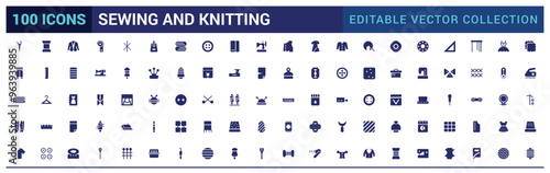 Sewing and Knitting equipment icon set. Solid icons collection. Filled icon set, solid icon set. Glyph icon set for web and ui. Editable stroke. Vector illustration.