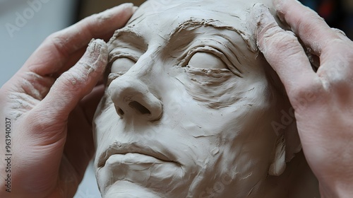 Sculpting a Clay Face: Hands carefully shaping the features of a clay face, focusing on the precision needed to mold eyes, nose, and lips. 