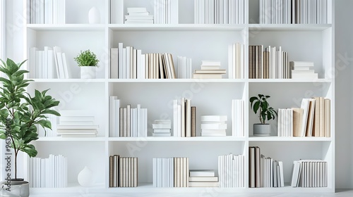 A clean, white bookshelf with neatly arranged books and minimal decor