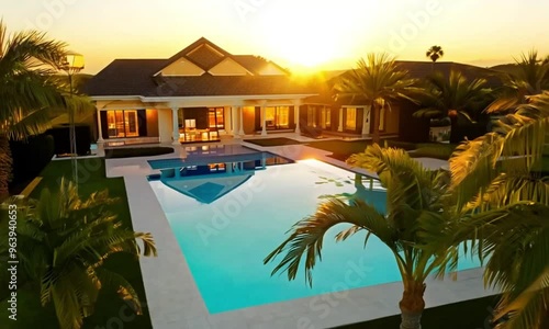 beautiful big and stately house with swimming pool, sunset