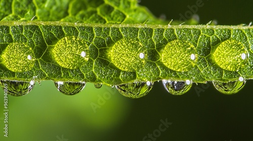 Glistening droplets of a natural acid adorn a leaf, showcasing the beauty of natures chemistry in a captivating close-up. photo