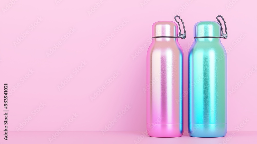 Two Iridescent Water Bottles on Pink Background Two Iridescent Water Bottles on Pink Background
