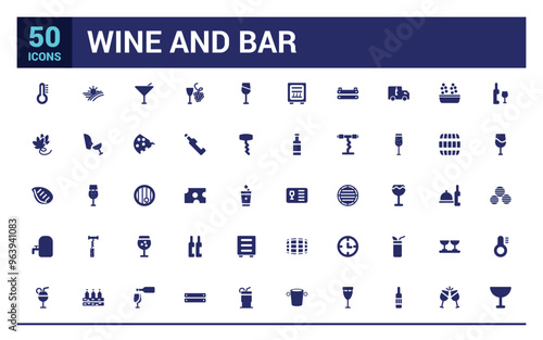 Wine icon set. Containing wine bottle, wine glass, grape and more, filled icon set, solid icon set. Glyph icon set for web and ui. Editable stroke. Vector illustration.