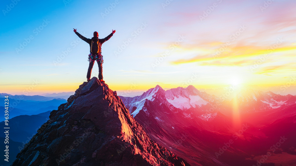 Conquering the Summit: A lone hiker stands triumphantly on a mountain peak, arms raised in victory, as the sun sets in a breathtaking display of color. A powerful image of achievement and resilience. Conquering the Summit: A lone hiker stands triumphantly on a mountain peak, arms raised in victory, as the sun sets in a breathtaking display of color. A powerful image of achievement and resilience.