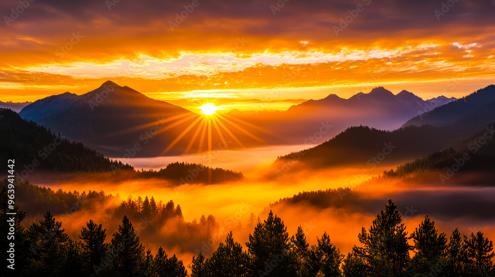Golden Sunrise Embraces Majestic Mountain Peaks: A breathtaking vista of nature's grandeur, where the first rays of dawn paint the sky and mist-filled valleys in hues of gold and purple. Golden Sunrise Embraces Majestic Mountain Peaks: A breathtaking vista of nature's grandeur, where the first rays of dawn paint the sky and mist-filled valleys in hues of gold and purple.