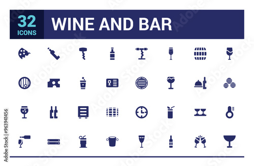Wine icon set. Containing wine bottle, wine glass, grape and more, filled icon set, solid icon set. Glyph icon set for web and ui. Editable stroke. Vector illustration.