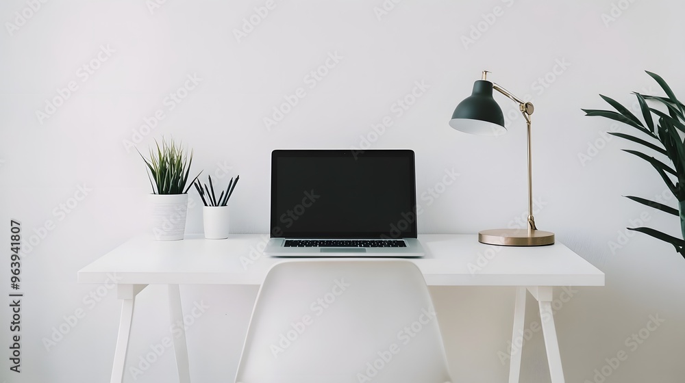 Fototapeta premium A minimalist workspace with a clean desk, a laptop, and a simple chair