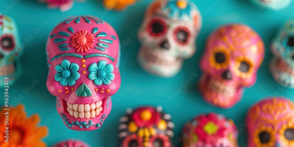 Vibrant sugar skulls in various colors display intricate designs, perfect for celebrating Dia de los Muertos or festive decor. Vibrant sugar skulls in various colors display intricate designs, perfect for celebrating Dia de los Muertos or festive decor.