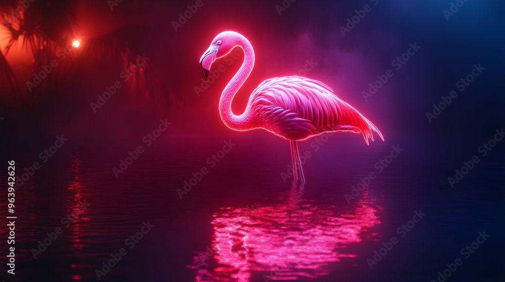 Fototapeta premium Sharp, high-definition neon flamingo artwork glowing in deep, saturated colors image