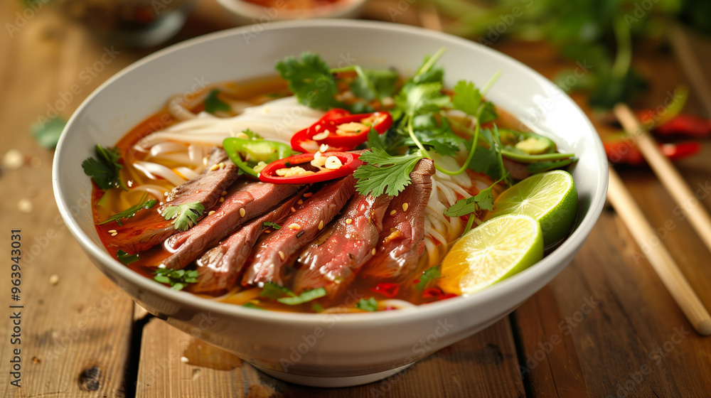 Authentic Vietnamese Pho with tender beef slices, herbs, rice noodles in aromatic broth with chili, lime, and cilantro. Perfect blend of savory and spicy flavors. Image made using Generative AI Authentic Vietnamese Pho with tender beef slices, herbs, rice noodles in aromatic broth with chili, lime, and cilantro. Perfect blend of savory and spicy flavors. Image made using Generative AI