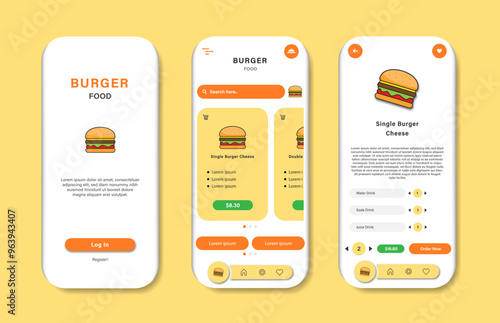 Application to buy burgers. Burger order interface template collection. Responsive GUI for mobile applications