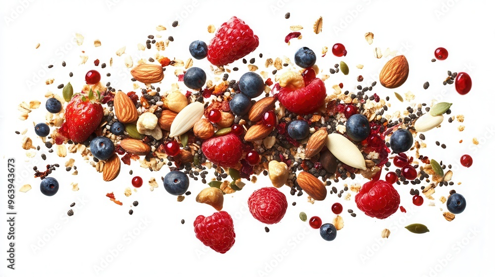 Vibrant Explosion of Frozen Superfood Mix - Abstract Composition with Nuts, Seeds, Berries Floating in Midair on White Background, Crisp Detailed Shot Vibrant Explosion of Frozen Superfood Mix - Abstract Composition with Nuts, Seeds, Berries Floating in Midair on White Background, Crisp Detailed Shot