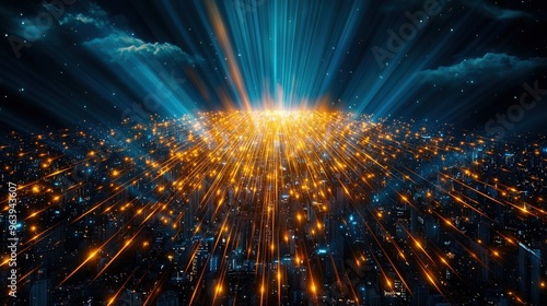 An abstract representation of the UN building with rays of light symbolizing hope and peace