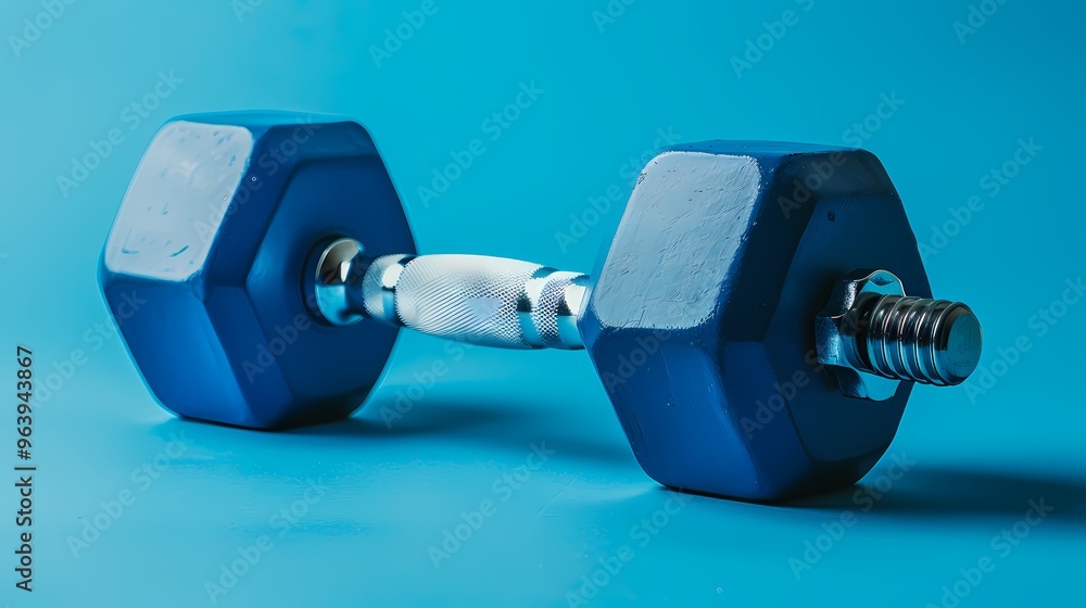 A single blue dumbbell placed against a matching blue background in a minimalist style. A single blue dumbbell placed against a matching blue background in a minimalist style.