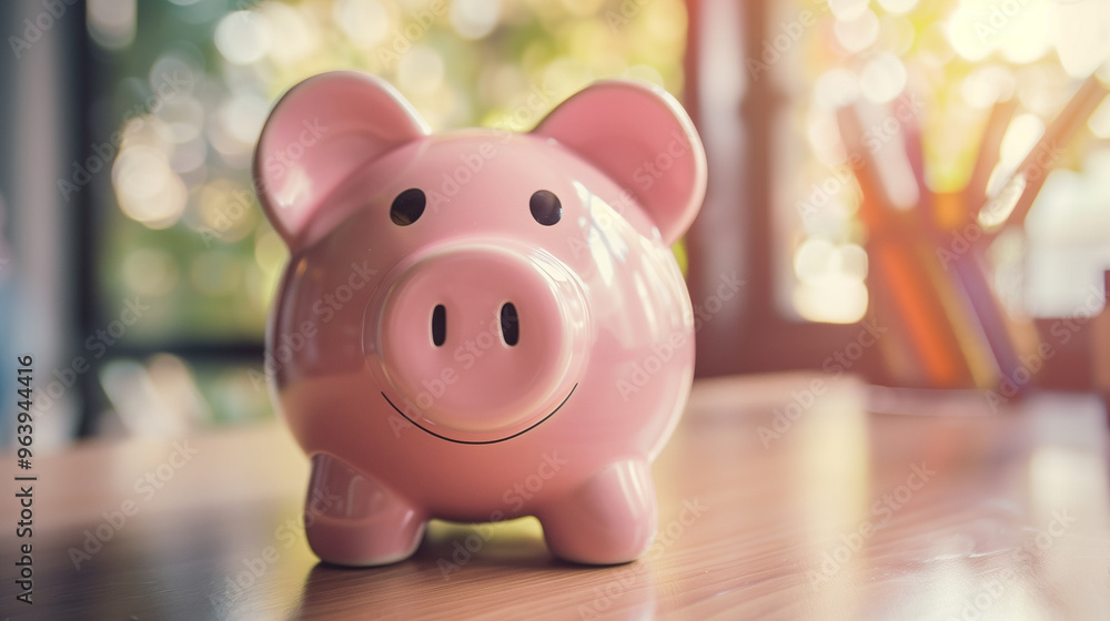 Close-up of a pink piggy bank on a blue background, symbolizing savings and personal finance... Close-up of a pink piggy bank on a blue background, symbolizing savings and personal finance...