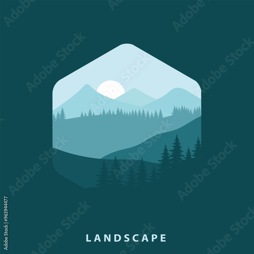 flat design vector illustration of landscape with mountains and pine trees