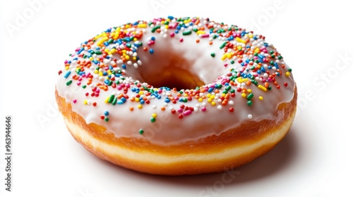 Delicious donut topped with colorful sprinkles and a creamy glaze, perfect for breakfast or a sweet treat.