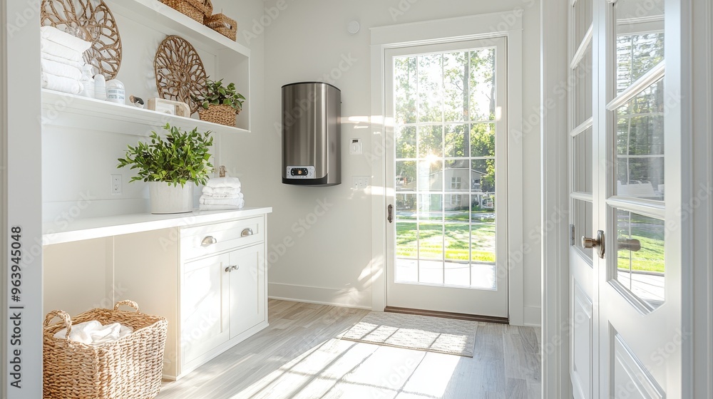 Fototapeta premium Modern Laundry Room Interior with White Cabinets and French Doors