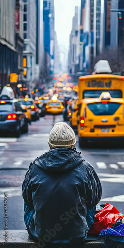 Homeless person sitting on a busy city street photo