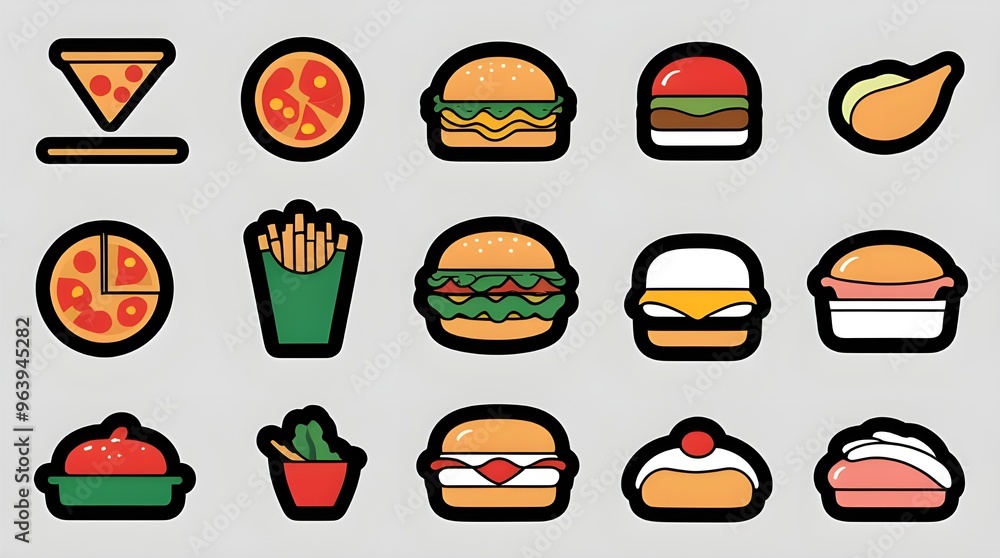 design of popular food items with bold black outlines set of icons design of popular food items with bold black outlines set of icons