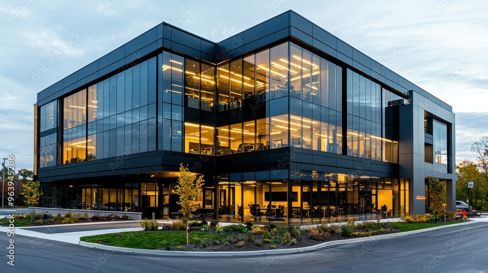 Obraz premium Modern Glass Office Building with Illuminated Interior at Dusk