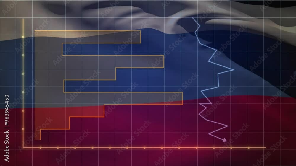 Animation of financial data processing over flag of russia Animation of financial data processing over flag of russia