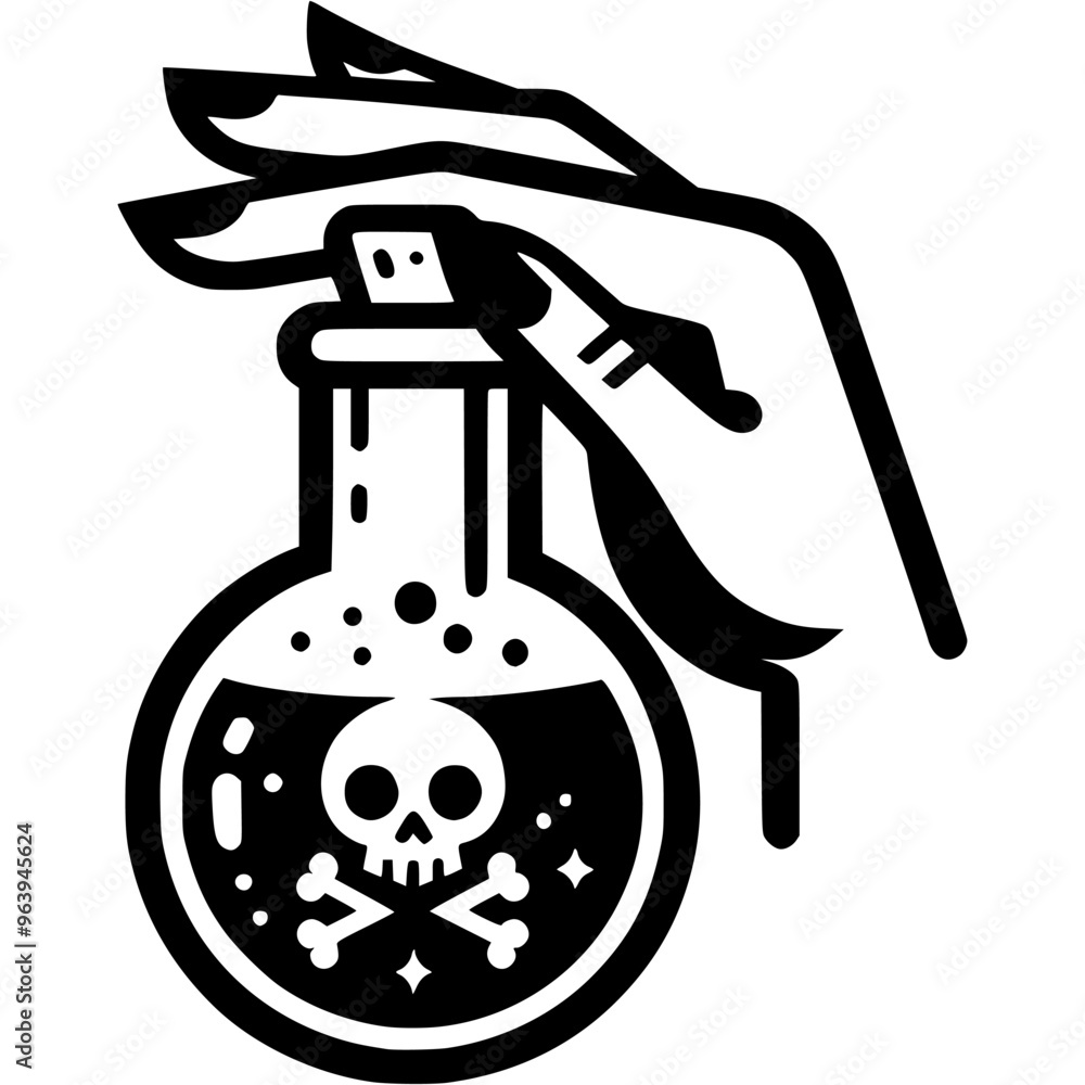 Witch female hand caps flask with poisonous potion in monochrome. Simple minimalistic vector in black ink drawing on transparent background Witch female hand caps flask with poisonous potion in monochrome. Simple minimalistic vector in black ink drawing on transparent background