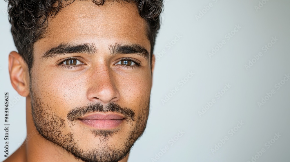 Obraz premium Close Up Portrait of a Handsome Young Man with Brown Eyes and a Short Beard