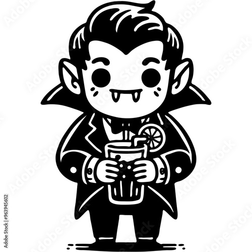 Man in vampire costume holding glass of juice in monochrome. Simple minimalistic vector in black ink drawing on transparent background