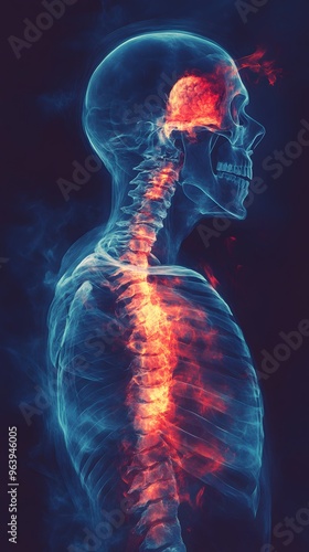 Abstract Illustration of a Human Skeleton with a Glowing Spine