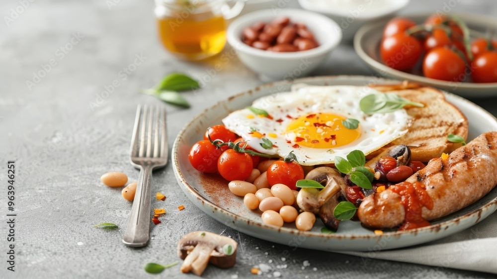 A classic English breakfast with a fried egg, sausage, baked beans, tomatoes, mushrooms, and toast. A classic English breakfast with a fried egg, sausage, baked beans, tomatoes, mushrooms, and toast.