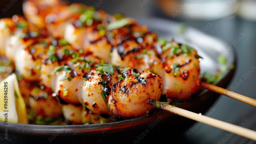 A grilled squid skewer with a sweet and savory glaze. A grilled squid skewer with a sweet and savory glaze.