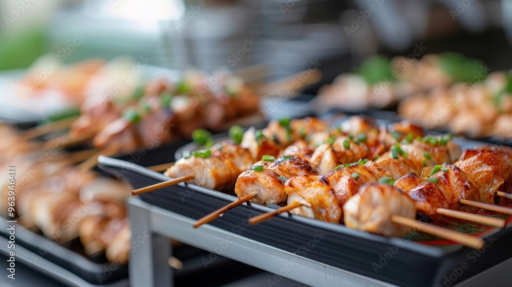 An assortment of yakitori skewers with chicken and vegetables, glazed with tare sauce. An assortment of yakitori skewers with chicken and vegetables, glazed with tare sauce.