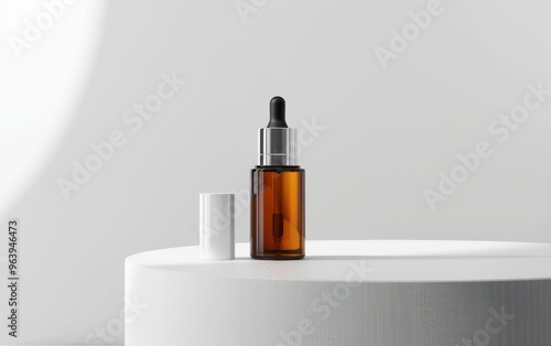 Brown glass dropper bottle on white podium with soft lighting.