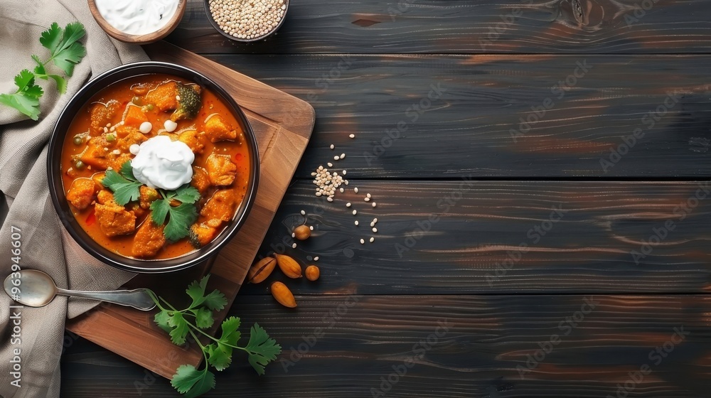 A rustic wooden table with a bowl of coconut curry and rice. A rustic wooden table with a bowl of coconut curry and rice.