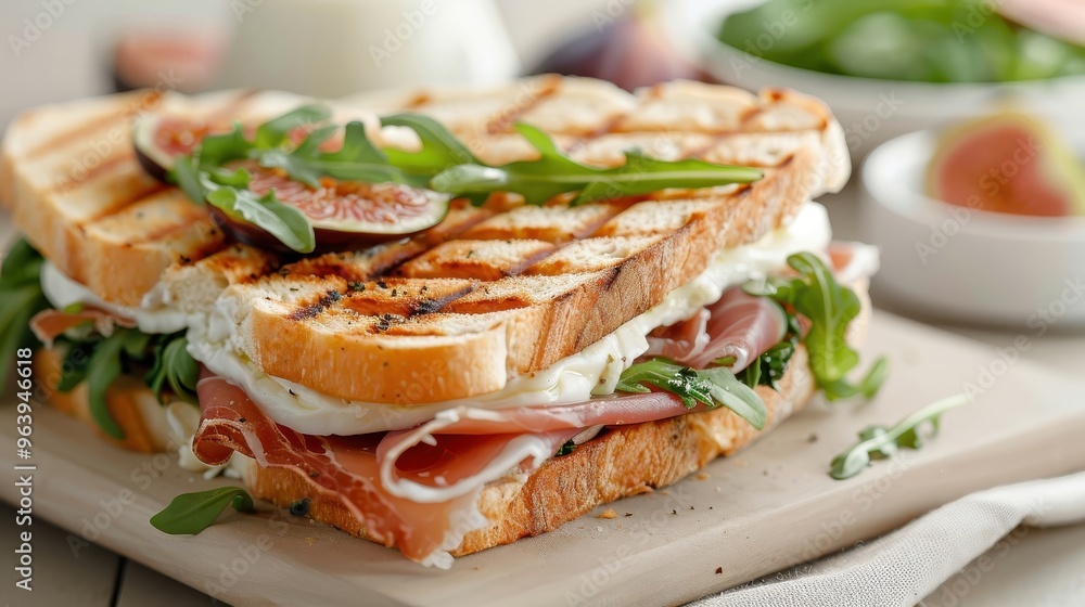 A close-up of a fig and prosciutto panini with melted mozzarella. A close-up of a fig and prosciutto panini with melted mozzarella.