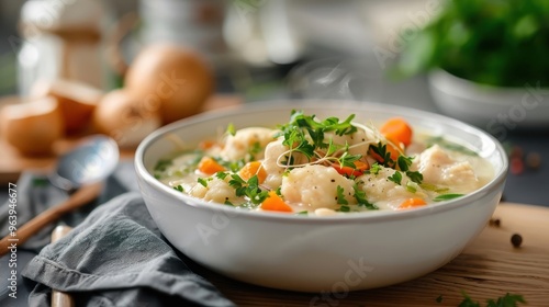 A hearty bowl of chicken and dumplings in a creamy broth.