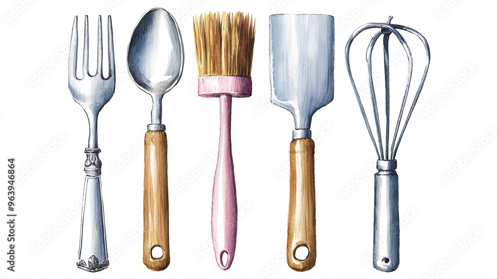A watercolor illustration of a set of kitchen utensils, including a fork, spoon, pastry brush, spatula, and whisk. A watercolor illustration of a set of kitchen utensils, including a fork, spoon, pastry brush, spatula, and whisk.